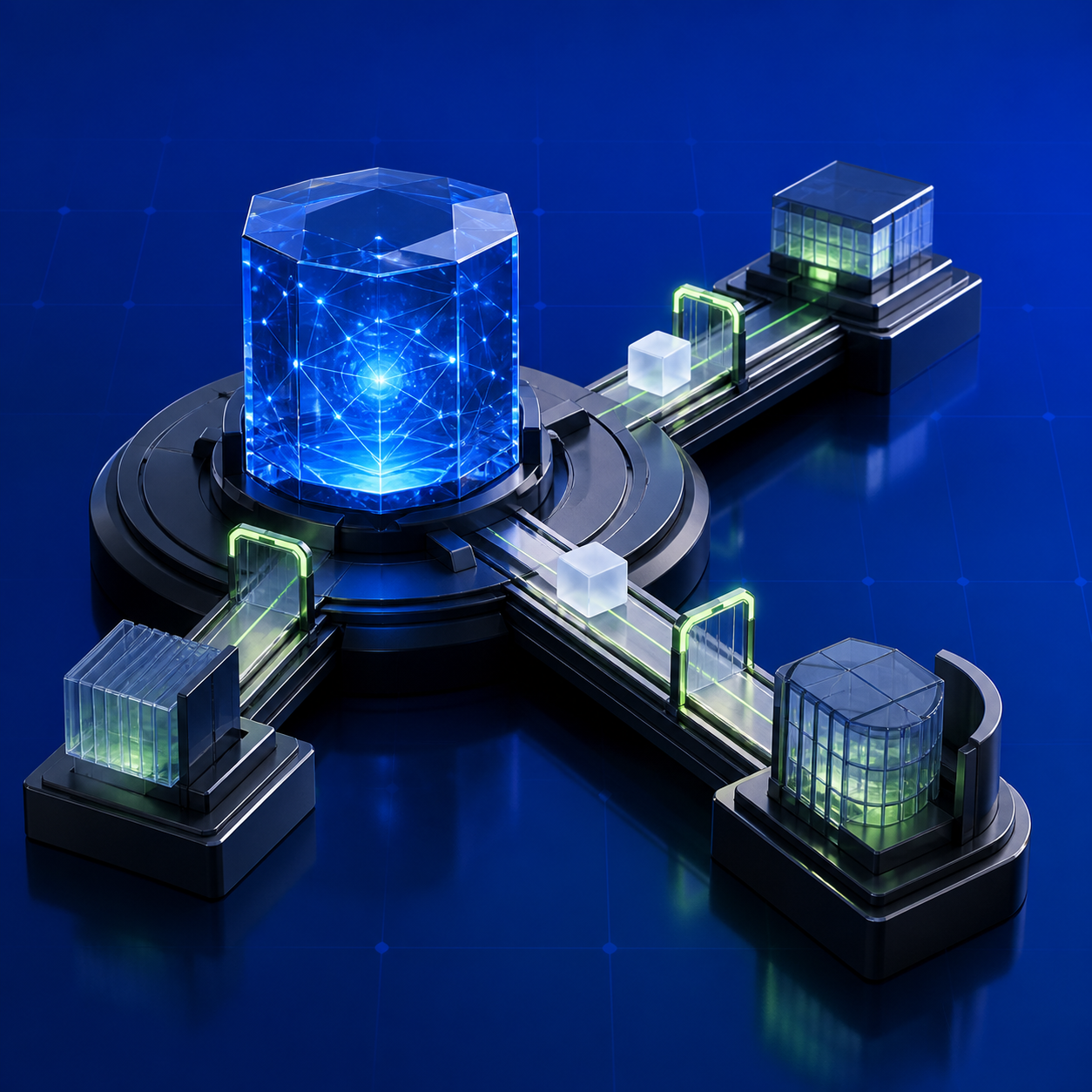 A blue knowledge core connecting through three verified routes