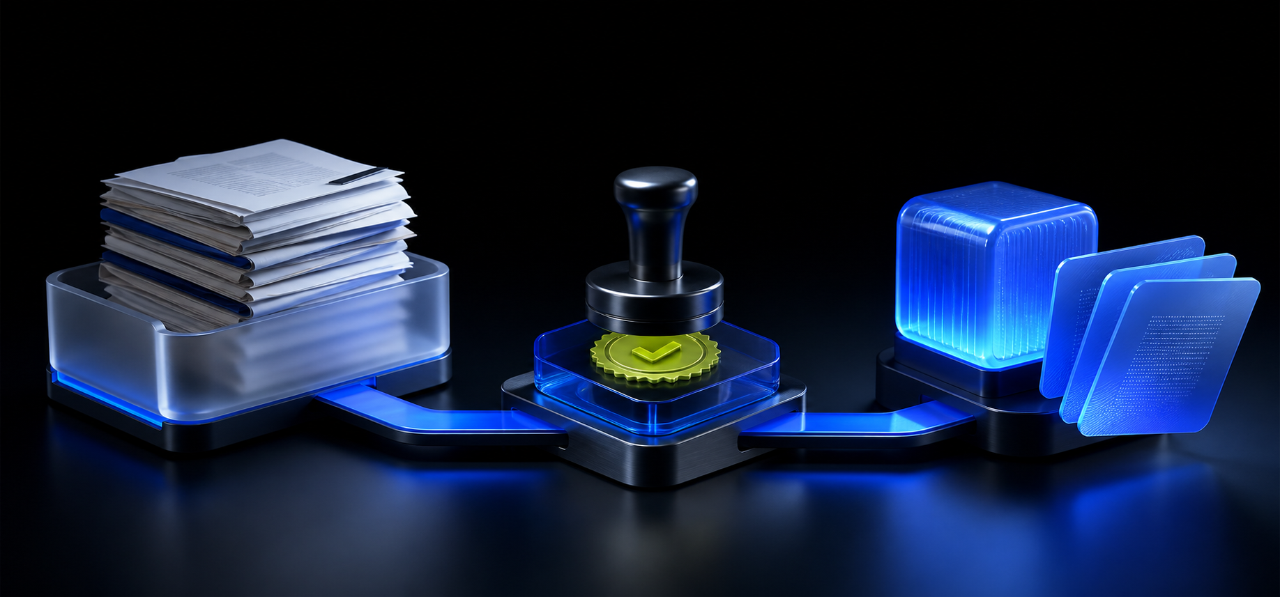 A physical flow from governed source documents, through human approval, to agent-ready knowledge